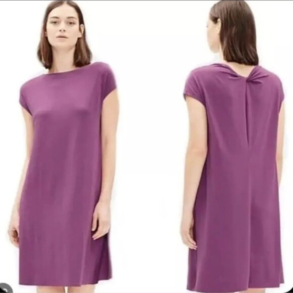 Eileen Fisher Purple Knit Shift Twist Back Cap Sleeve Dress Casual Quiet Luxury